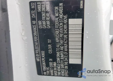 2023 Polestar 2 z USA, uszkodzony, nr VIN YSMEG3KA7PL143632